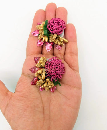 Handmade Dark Pink Floral Applique with Beads, Flower Motifs x 3